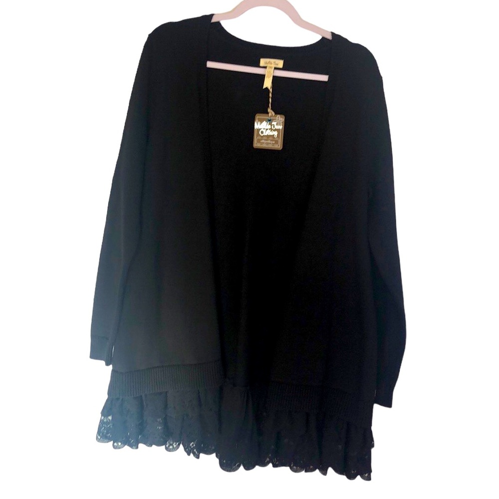 Matilda Jane cardigan size medium black with ruffled lace bottom NWT.